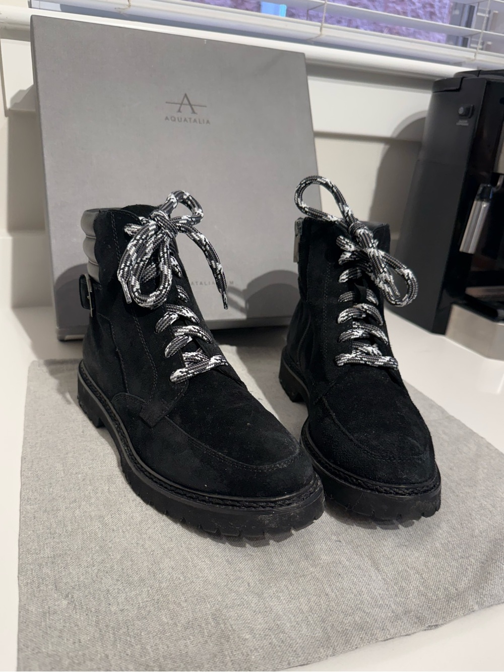 Aquatalia Mayra Black Suede Leather Waterproof Lace-Up Boots - Size 8.5